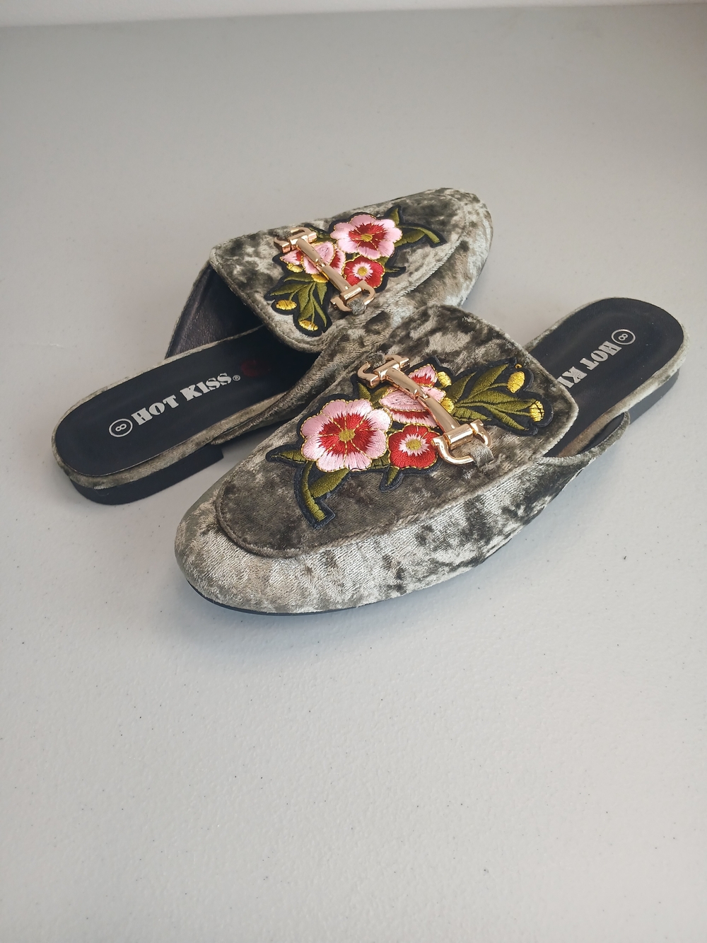 Olive Green Velour & Pink Floral Embroidered Slip-On Flat Mules 10